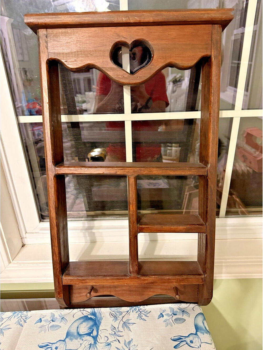 Vtg large Wood Curio Shelf With Heart Cutout Hanging Pegs; country, farmhouse